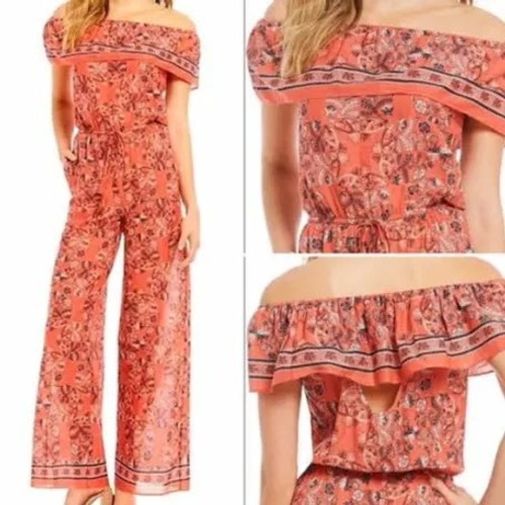 Chelsea & Violet Anthroplogie Coral Paisley Off Shoulder Cotton Jumpsuit Boho M